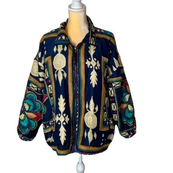 Vintage Jackets & Blazers - Vintage 90’s Stunt Sports 100% Silk Boho/Southwestern/Aztec Bomber Jacket Sz 2X